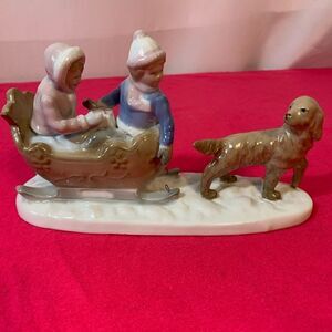 Vintage Porcelain Boy and Girl On Sleigh Ride with Dog